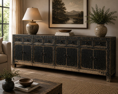 119 Inches Long 8 Drawers 8 Doors Sideboard Distressed Black image 2