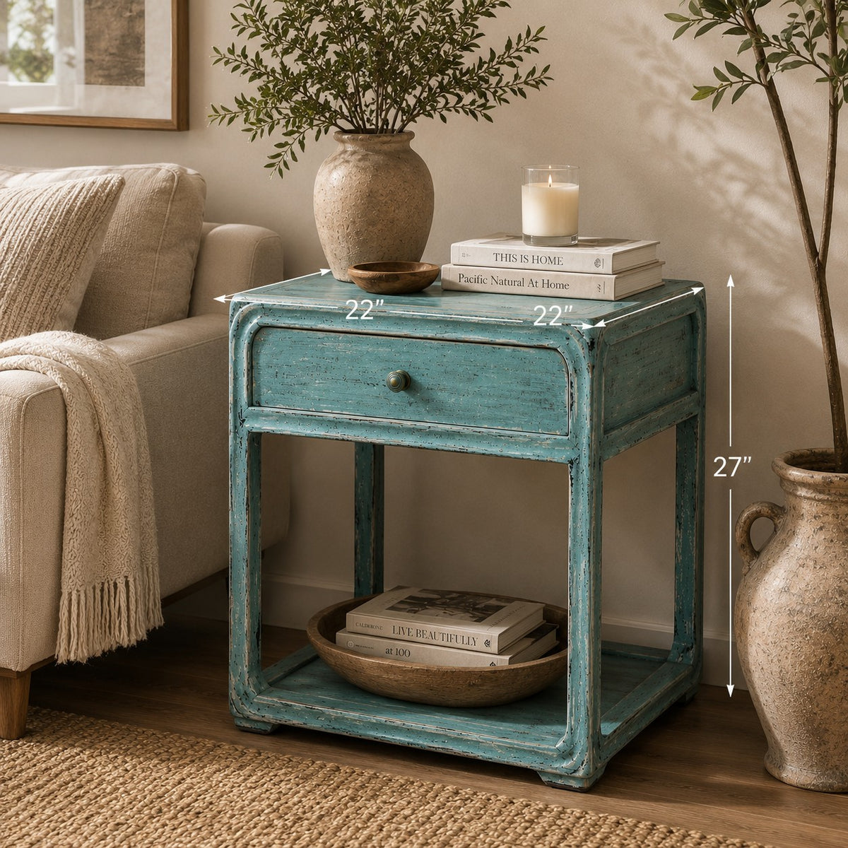 Peking Ming Side Table with One Drawer Weathered Soft Aqua (Pre-order only)