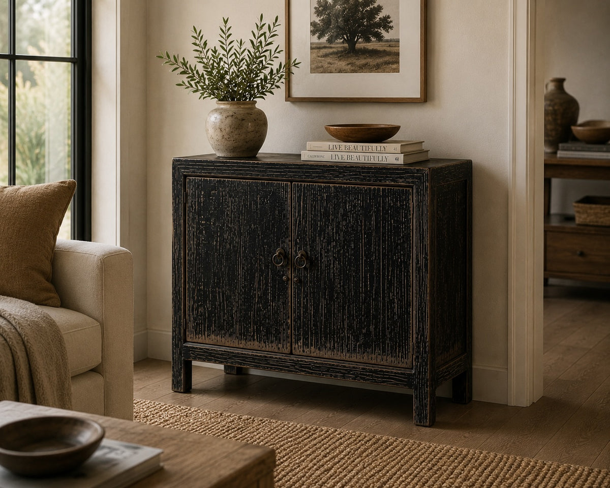 Two Doors Cabient Distressed Black 39x18x35H