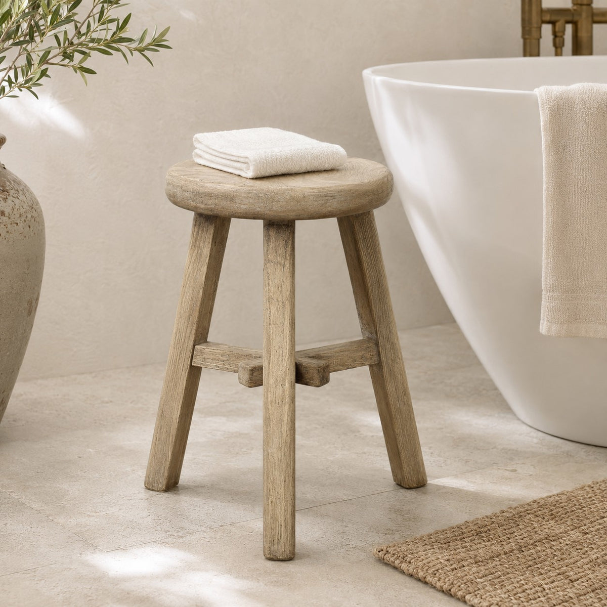 12 Inch Wide Solid Elm Round Stool Weathered Natural
