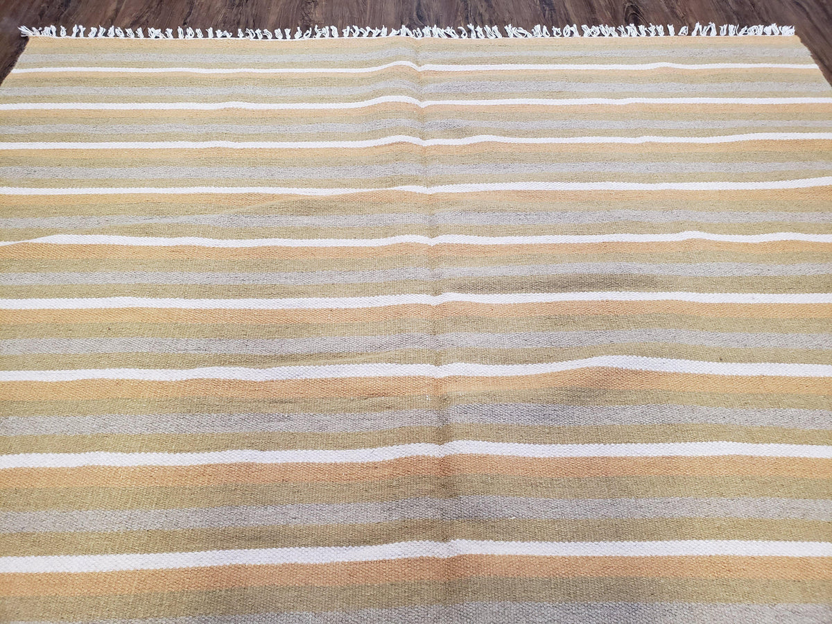 New Indian Kilim Area Rug, 6x8 - 7x8 South American Style Blanket, Striped Indian Wool Hand-Woven Flat Weave 6x9 Bedroom Rug, Ivory Ochre - Jewel Rugs, view 4