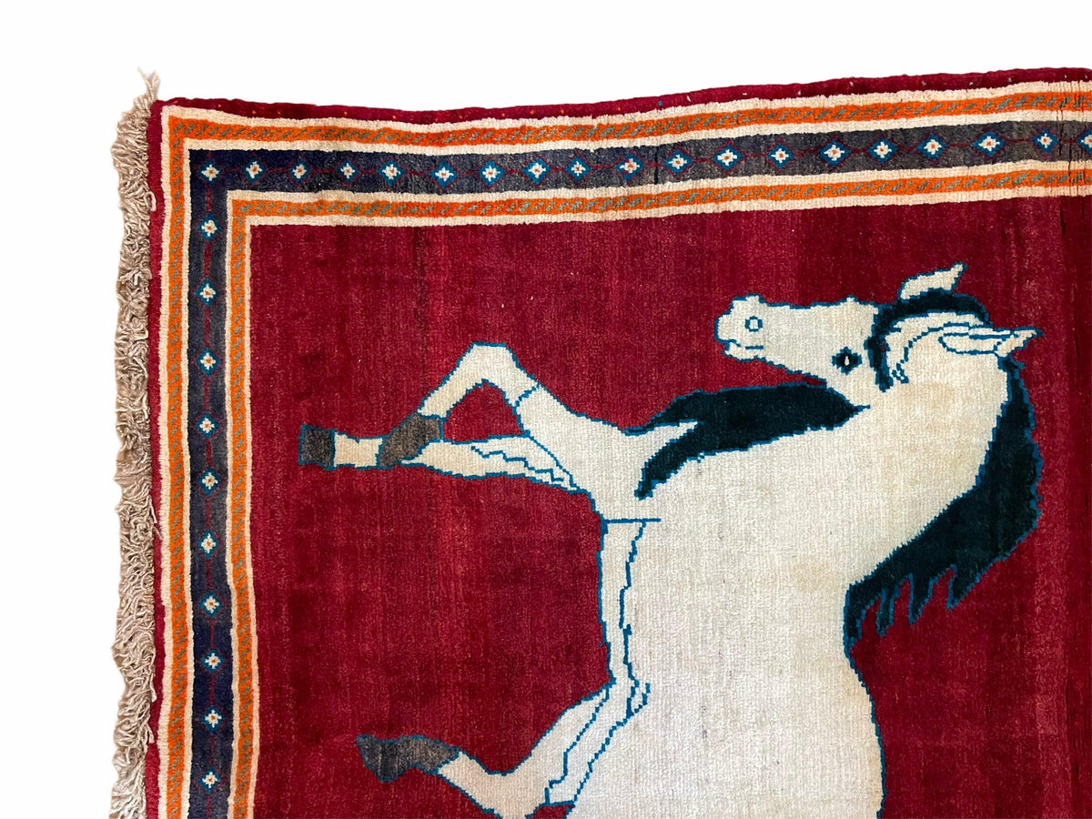 3.5 X 6 Handmade Hand-Knotted New Vintage Rug Quality Wool White Horses Red - Jewel Rugs, view 6