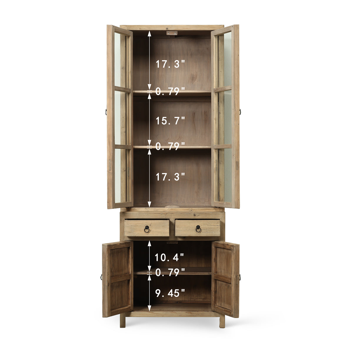 Approx. 89" High 4 Door Glass Display Cabinet Weathered Natural Pine PRE-ORDER ONLY(Minim 2)