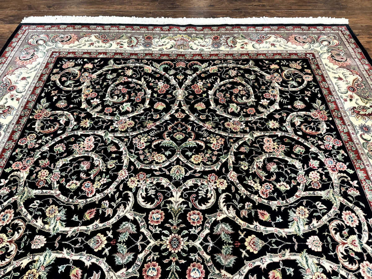 Black Pak Persian Rug 8x11, Floral Pattern, Hand Knotted Vintage Wool Rug with Silk Highlights, Fine 200 KPSI - Jewel Rugs, view 9
