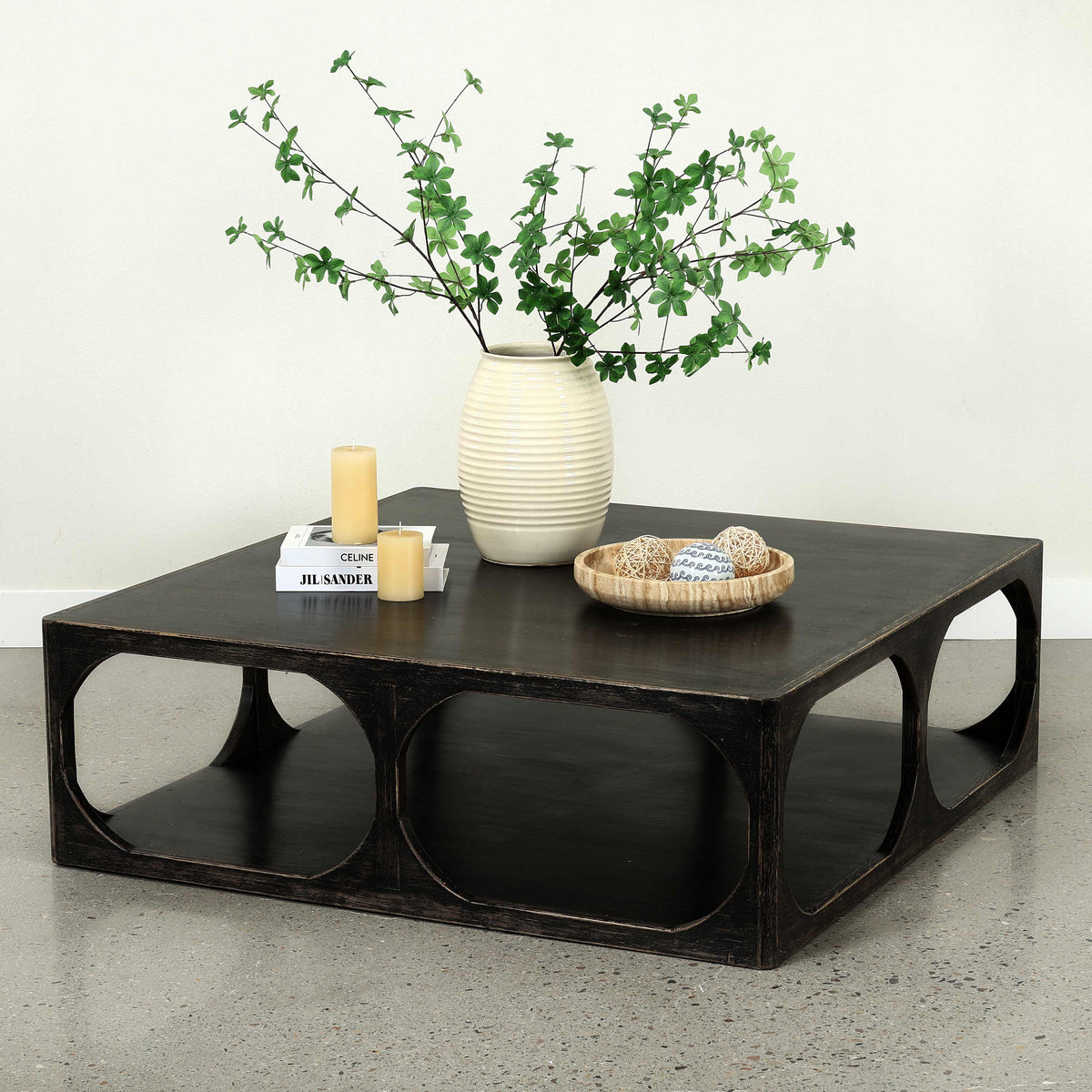 Ming Arched Square Coffee Table Distressed Black 49x49x16H