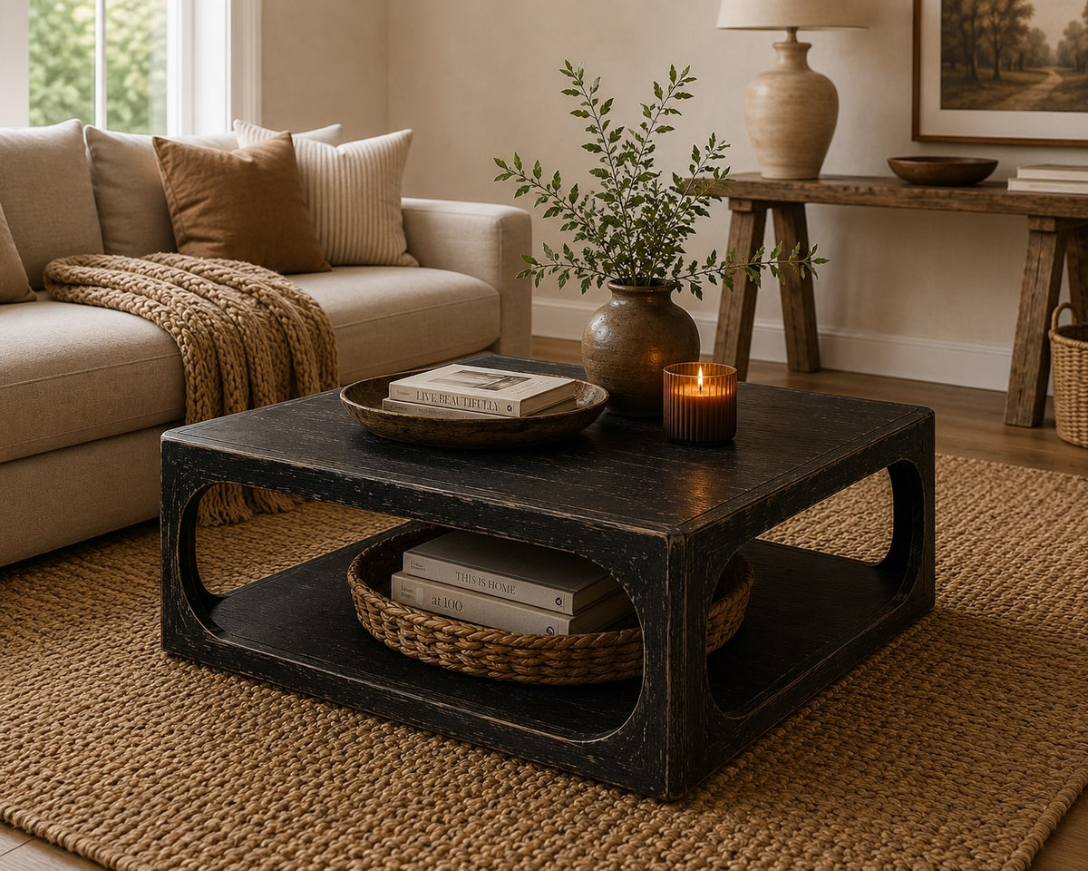 Ming Arched Square Coffee Table Distressed Black 49x49x16H