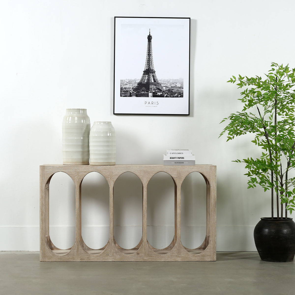Arched Console Table Whitewash 59"Wx14"Dx32"H