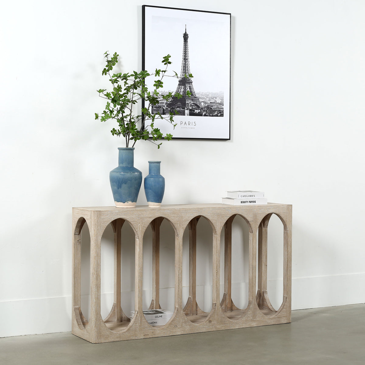 Arched Console Table Whitewash 59"Wx14"Dx32"H