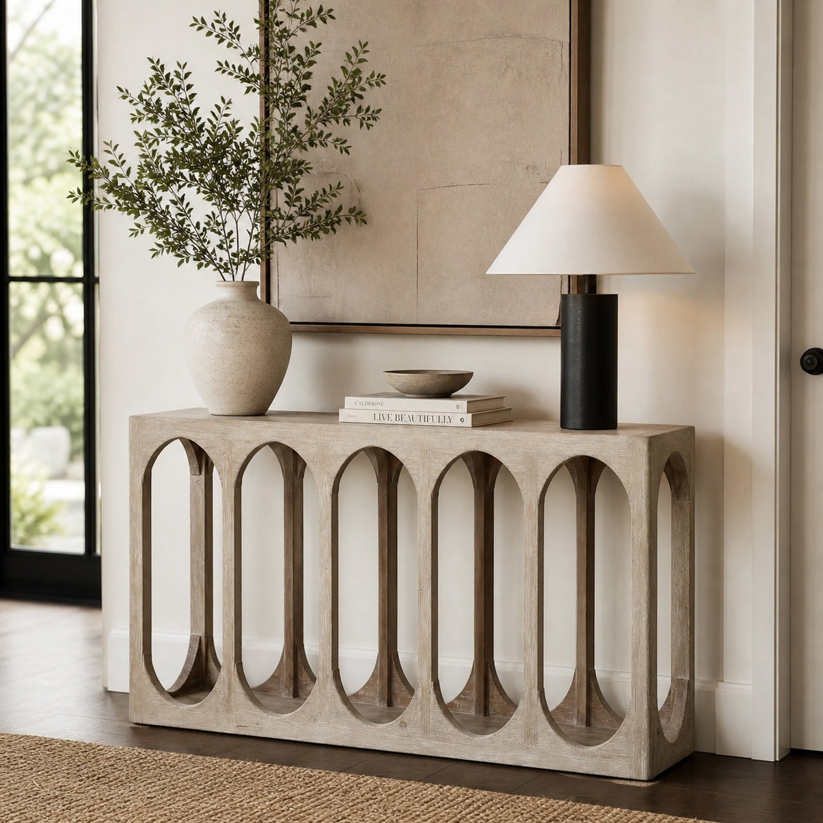 Arched Console Table Whitewash 59"Wx14"Dx32"H