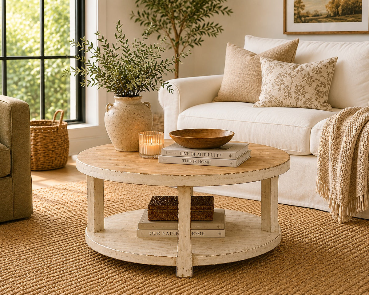 Amalfi Two Tones Round Coffee Table with Shelf Antique White