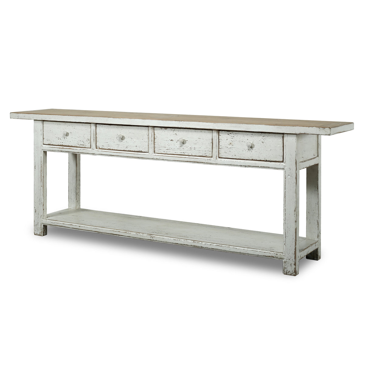 91" Long Amalfi Two Tones Console Table with 4 Drawers Distressed White