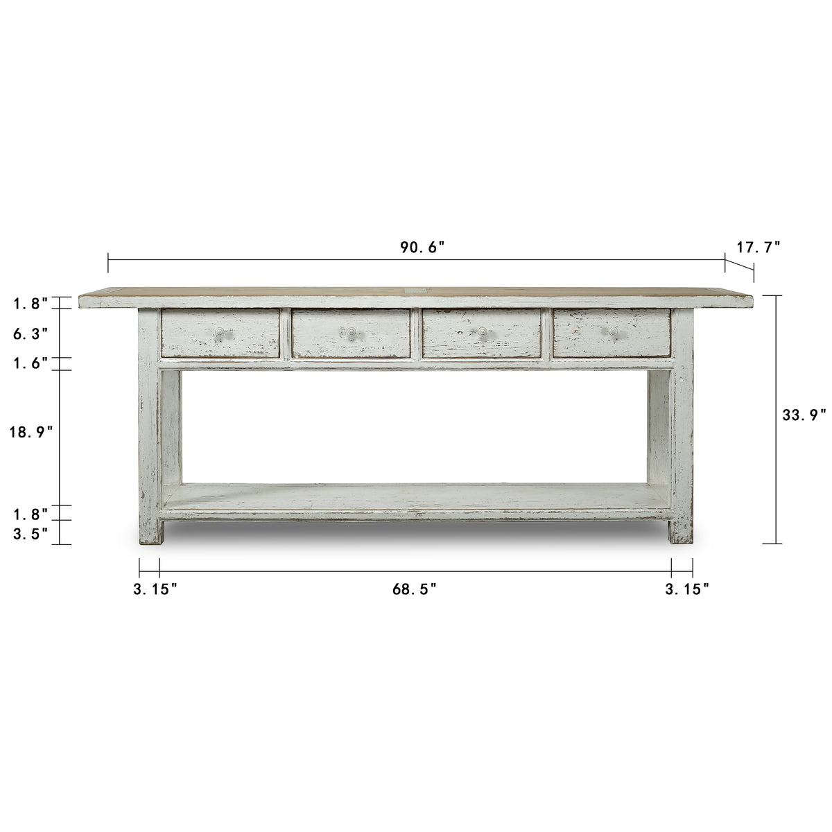 91" Long Amalfi Two Tones Console Table with 4 Drawers Distressed White