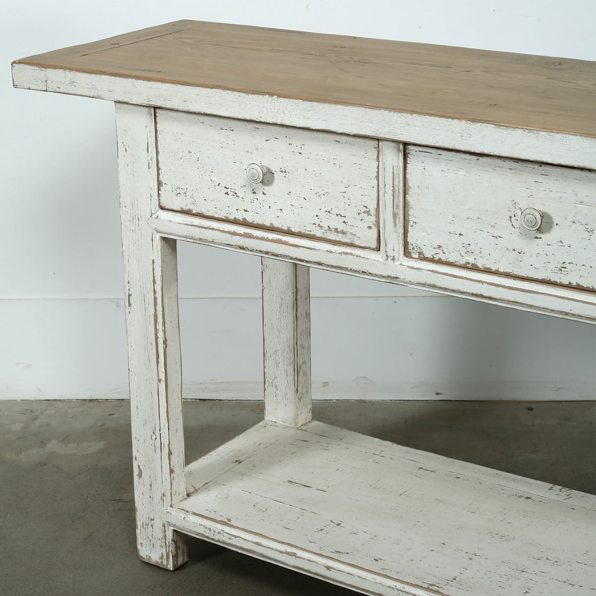 91" Long Amalfi Two Tones Console Table with 4 Drawers Distressed White