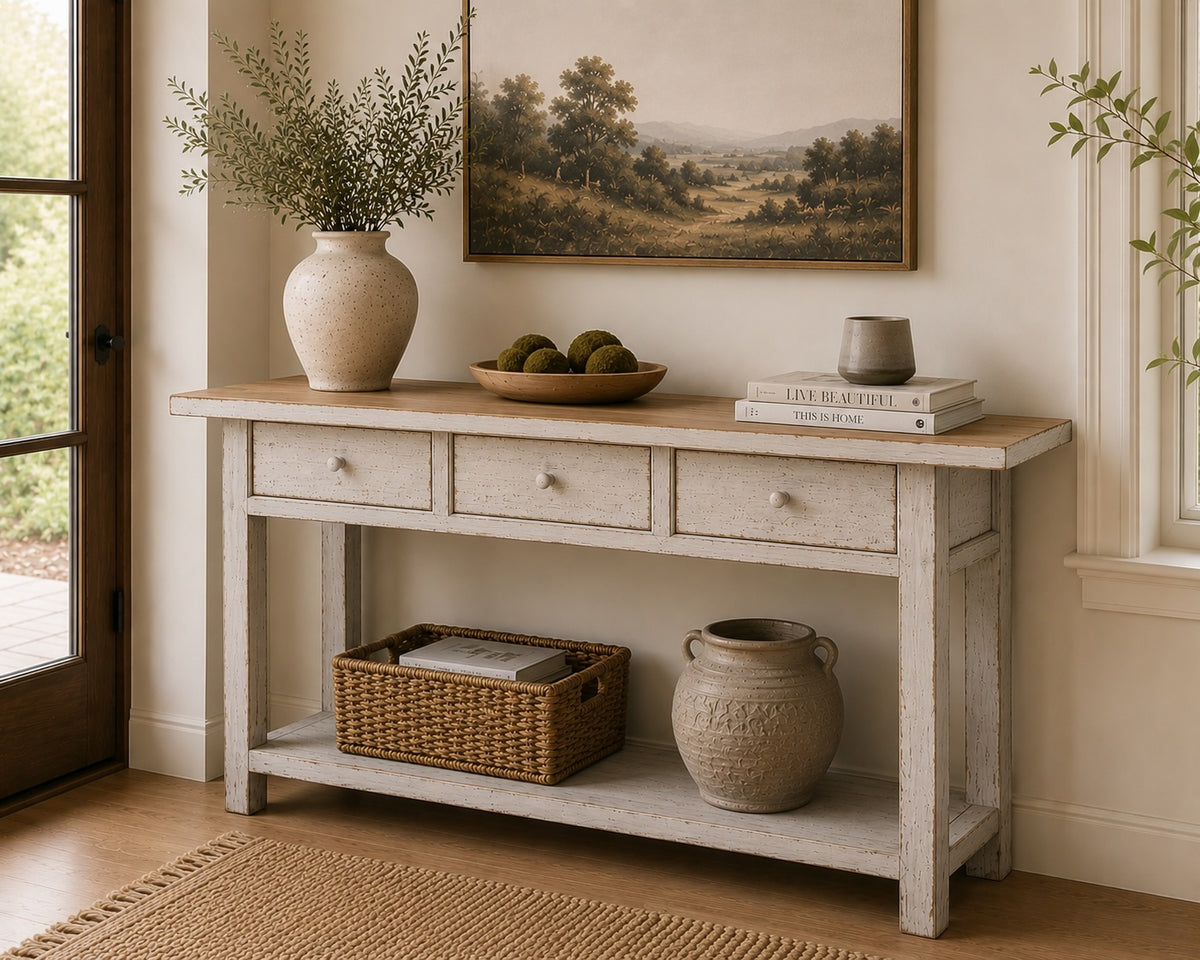 66" Long Amalfi Two Tones Console Table with 3 Drawers Distressed White