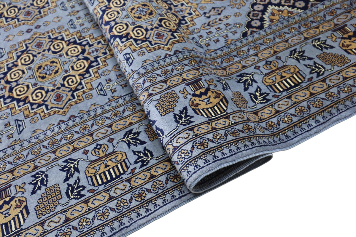 Afghan Rug 7x10 | Gray, Gold & Navy | Hand-Knotted Wool - Rugistan, view 6