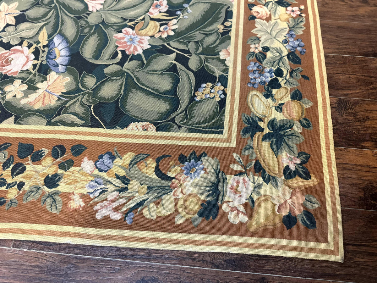Needlepoint Rug 8x10, Vintage, Handmade, Wool, Green, Leaves & Fruits - Jewel Rugs, view 10
