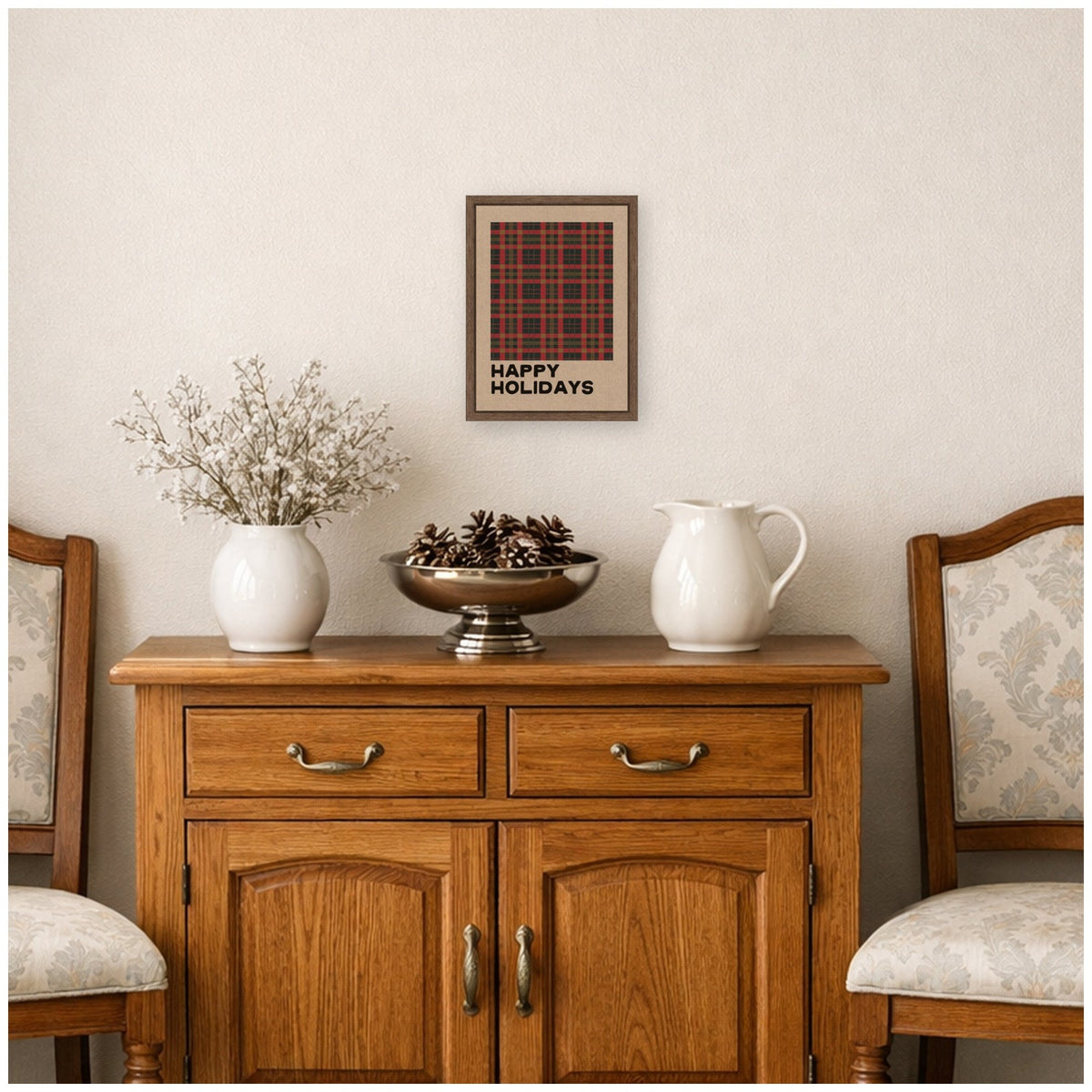 Holiday Plaid Neutral Linen by Kikiandnim Framed Canvas Wall Art Print