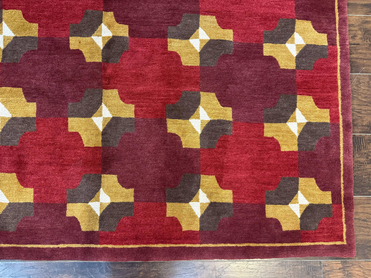 Modern Tibetan Rug 5 x 6.8, Wool, Red, Allover Pattern, Nepali Rug, Abstract Rug, Handmade Area Rug - Jewel Rugs, view 9