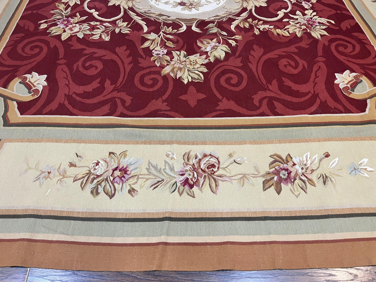Large Aubusson Rug 10x14, Wool Handmade Vintage Carpet, Dark Red Ivory Tan, French European Elegant Aubusson Weave Rug - Jewel Rugs, view 6
