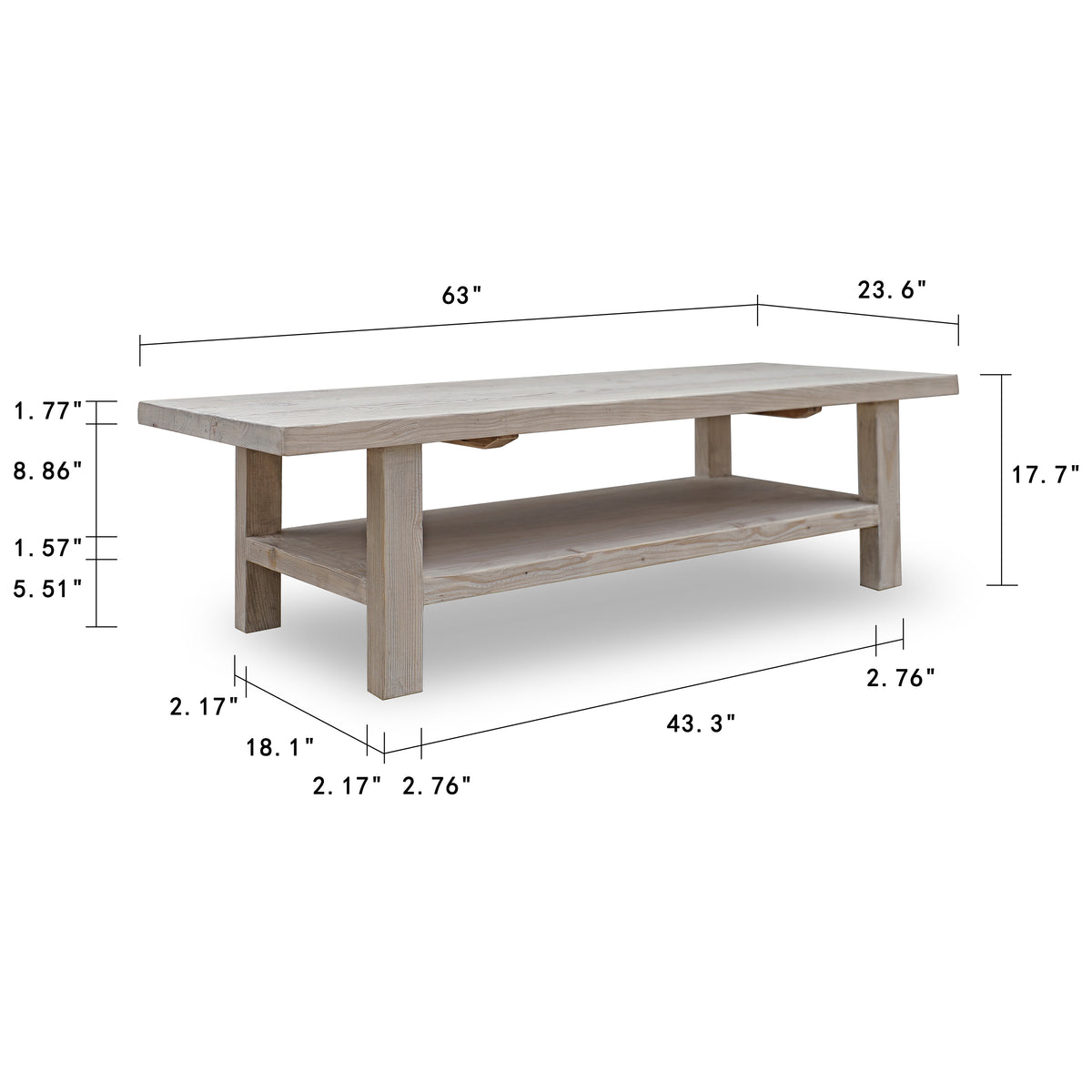 Amalfi Rectangular Coffee Table With Storage Shelf Weathered Natural 63x24x18H