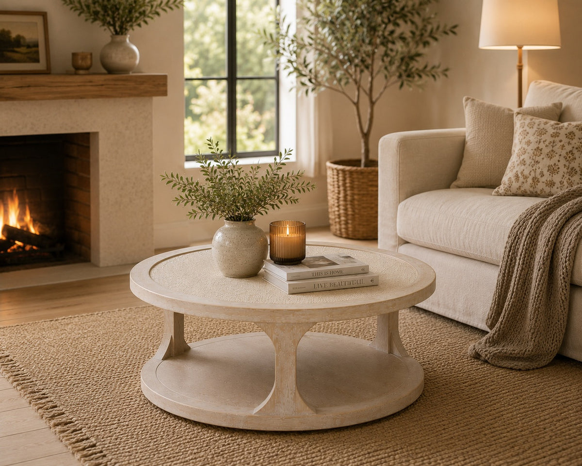 Milo Round Coffee Table with Rattan Top Weathered Whitewash