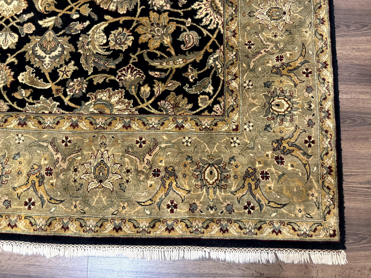 Indo Persian Rug 8x10, Black and Green, Wool, Handmade, Traditional, Floral Allover, Vintage - Jewel Rugs, view 10