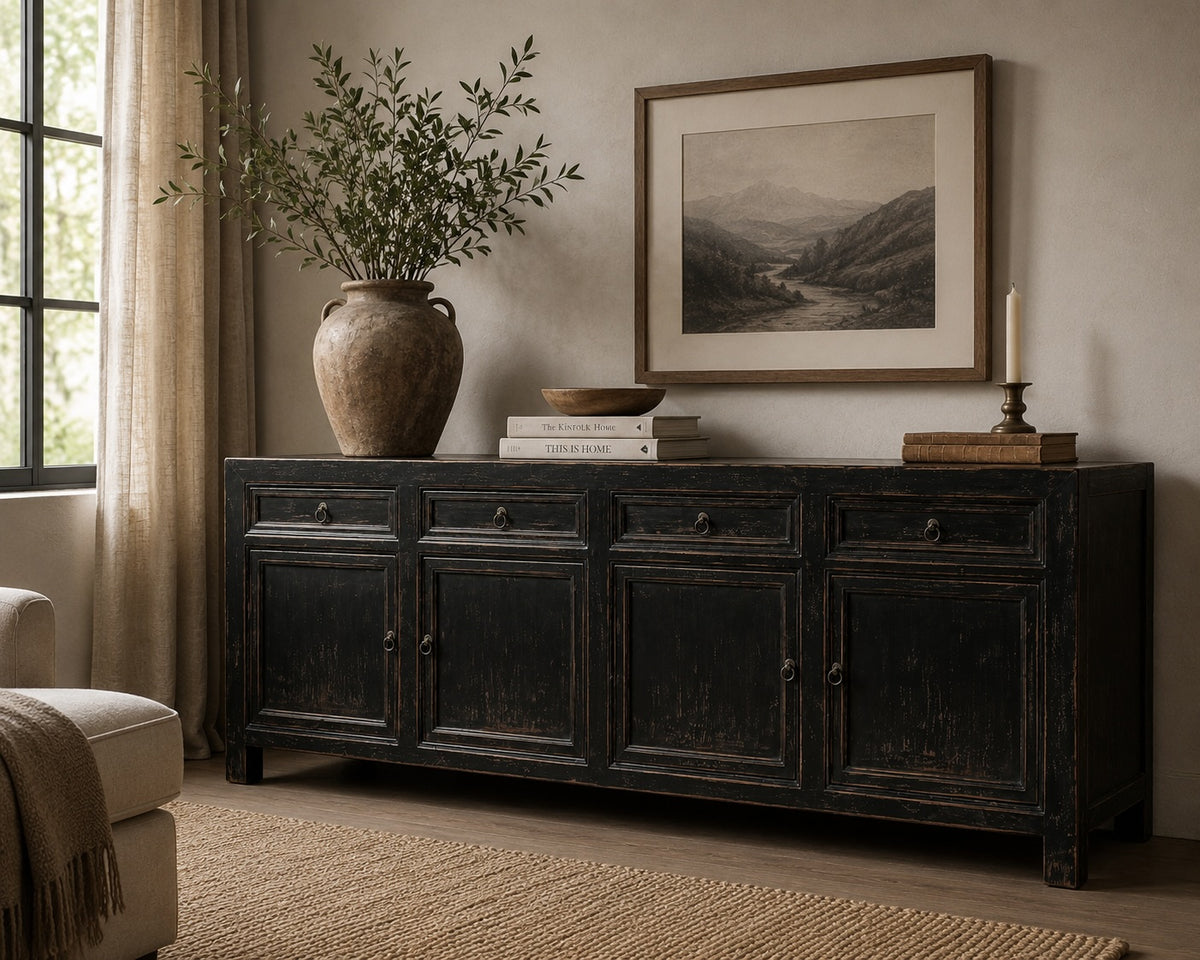 Four Drawers Sideboard Distressed Black 93x18x35H