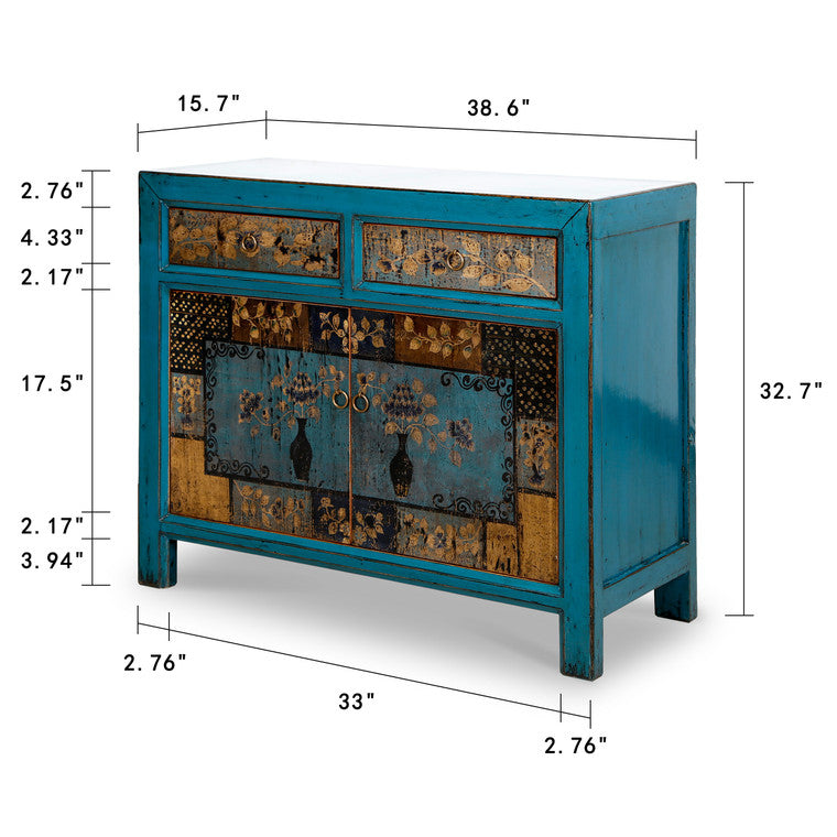 Floral Cabinet Antique Indigo with two Drawers 38X16X33H image 3