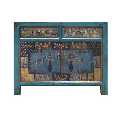 Floral Cabinet Antique Indigo with two Drawers 38X16X33H image 2