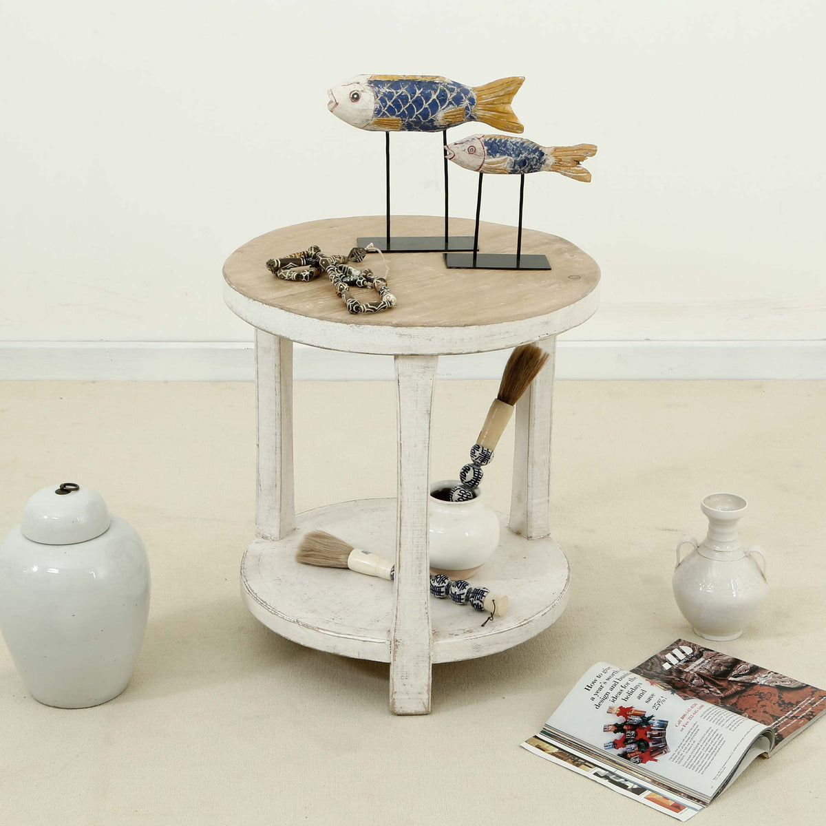 Amalfi Two Tones Round Side Table with Shelf Antique White
