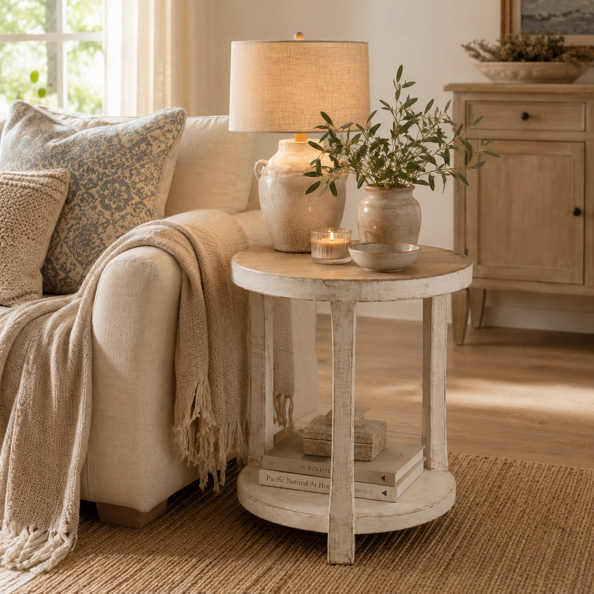 Amalfi Two Tones Round Side Table with Shelf Antique White