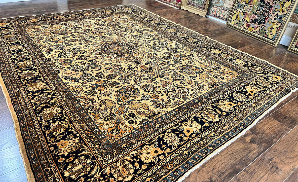 Antique Persian Rug 9x11, Wool Handmade 1920s Oriental Carpet, Persian Hamadan Anjelas Rug, Cream Black, Floral Allover Oriental Rug 9 x 11 Room Sized Rug - Jewel Rugs