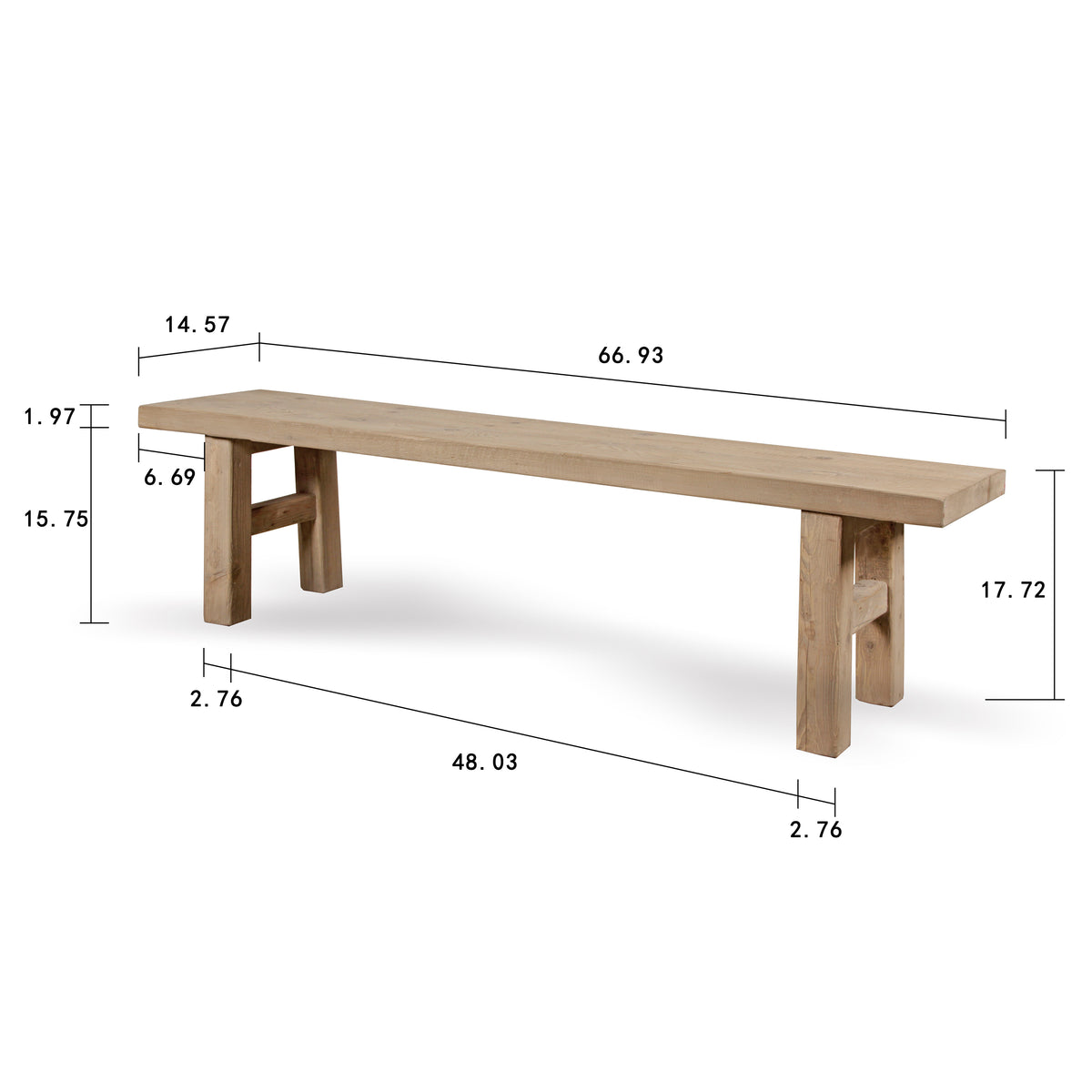 67-Inch-Wide Capri Bench with Weathered Natural Finish