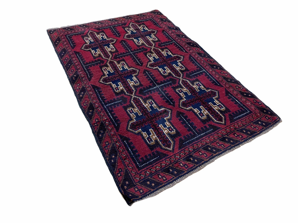 3X5 Vintage Handmade Tribal Wool Rug Balouchi Rug Afghan Rug Red Beige Blue Nice - Jewel Rugs, view 3