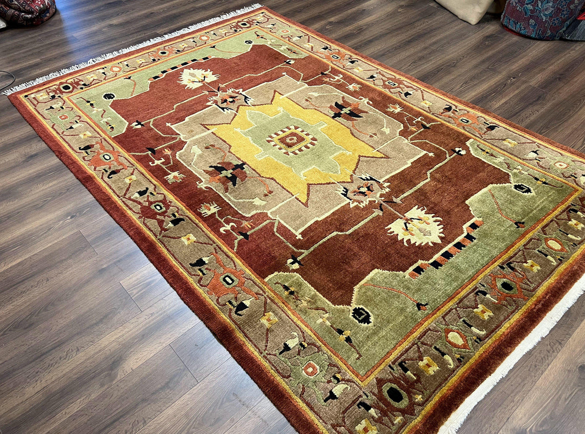 Tibetan Rug 7x10, Geometric Medallion, Red Green Taupe, Hand Knotted, Soft Wool Area Rug, Contemporary Carpet, Handmade Nepali Rug 7 x 10 ft - Jewel Rugs, view 13