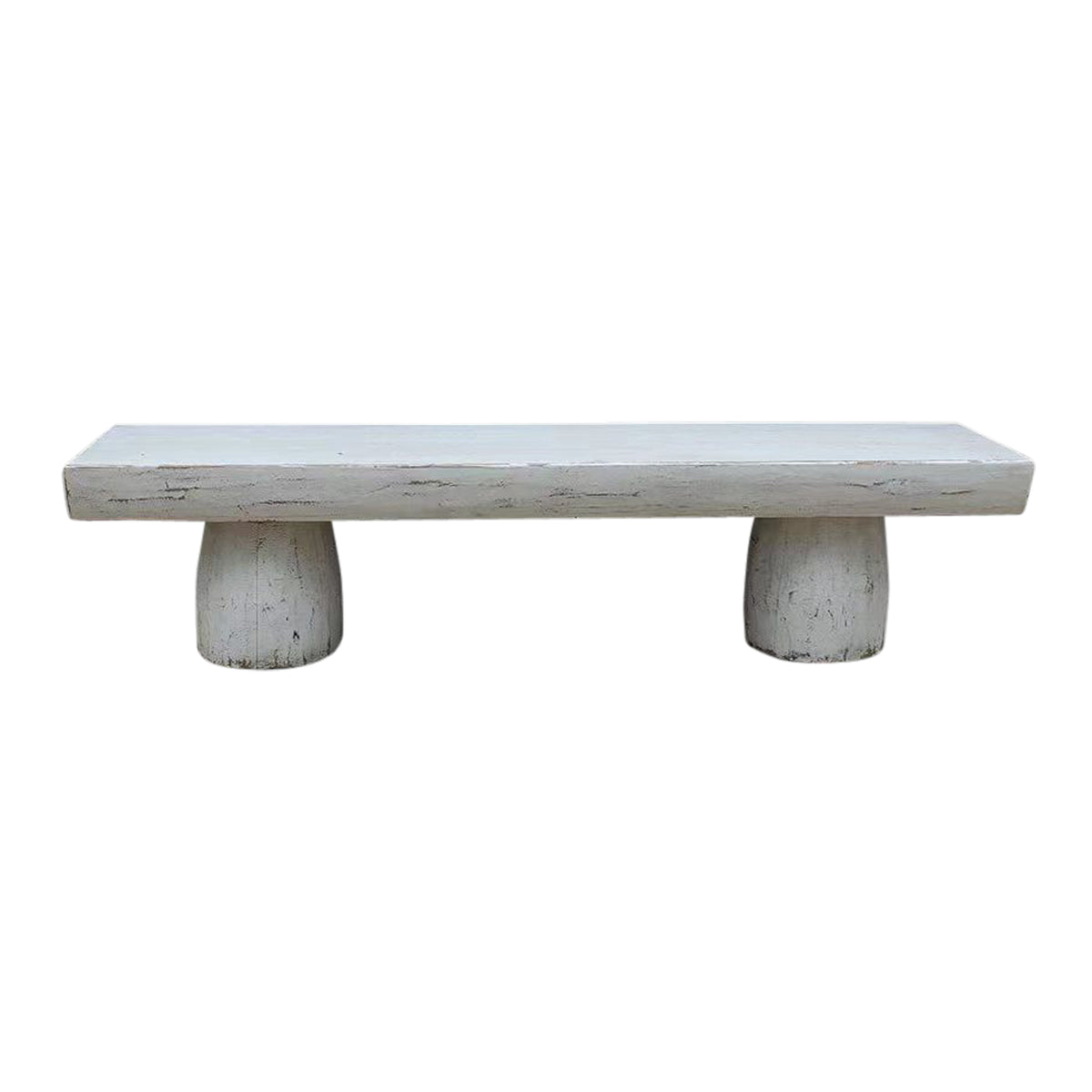 Approx. 67" Long 15-18 Inches Deep Live Edge Bench with Barrel Legs Distressed White Pre-order only