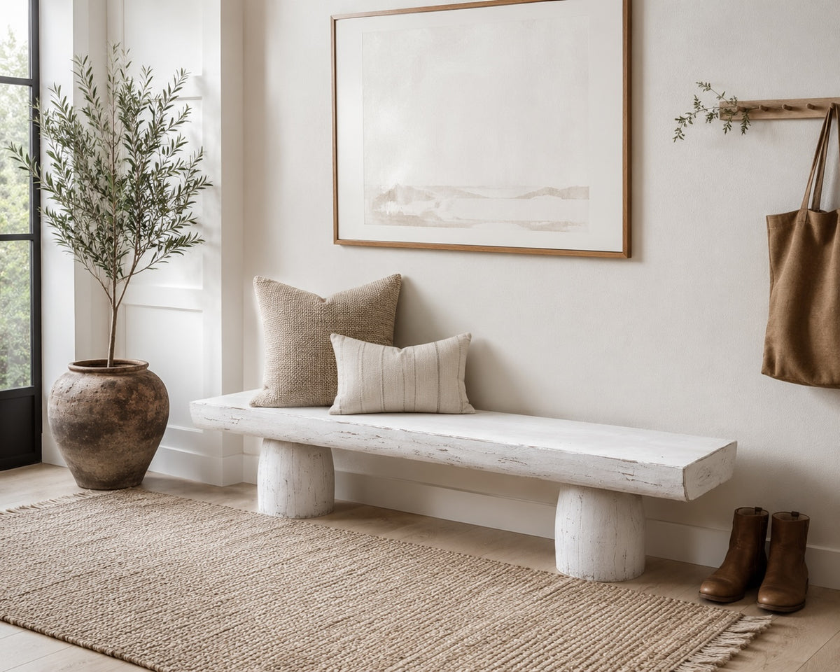 Approx. 67" Long 15-18 Inches Deep Live Edge Bench with Barrel Legs Distressed White Pre-order only