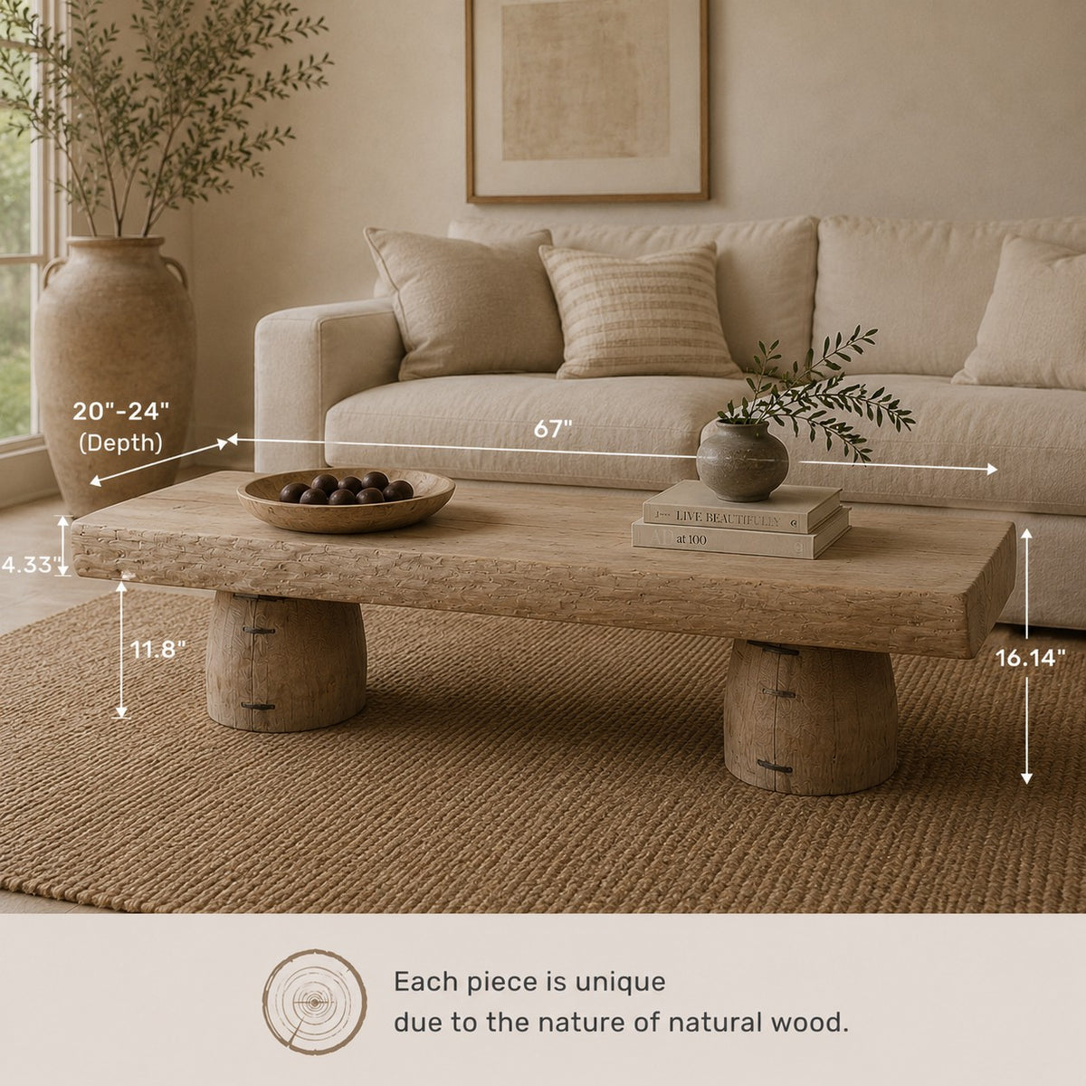 Approx. 67" Long 20-24 Inches Deep Live Edge Coffee Table with Barrel Legs Weathered Natural