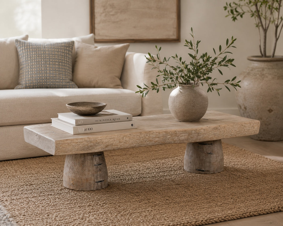 Approx. 67" Long 20-24 Inches Deep Live Edge Coffee Table with Barrel Legs Weathered Natural