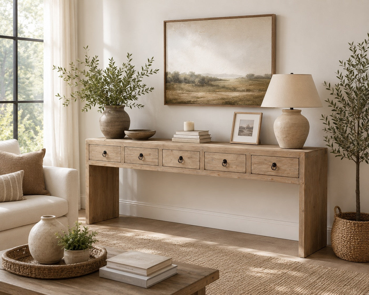 90" Waterfall Console Table with Five Drawers Weathered Natural