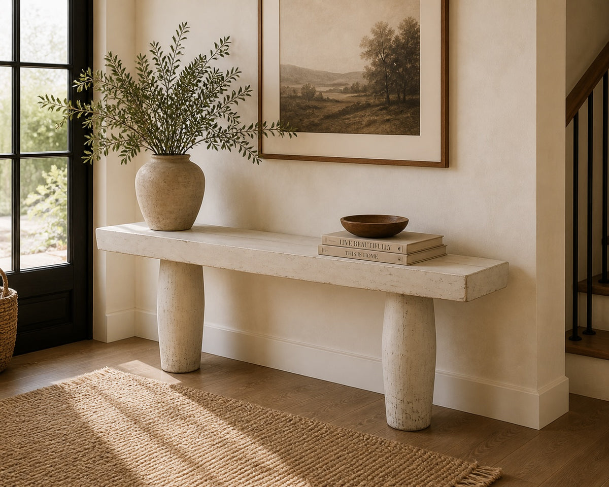 Approx. 88" Long Capri Live Edge Primitive Console Table Distressed White