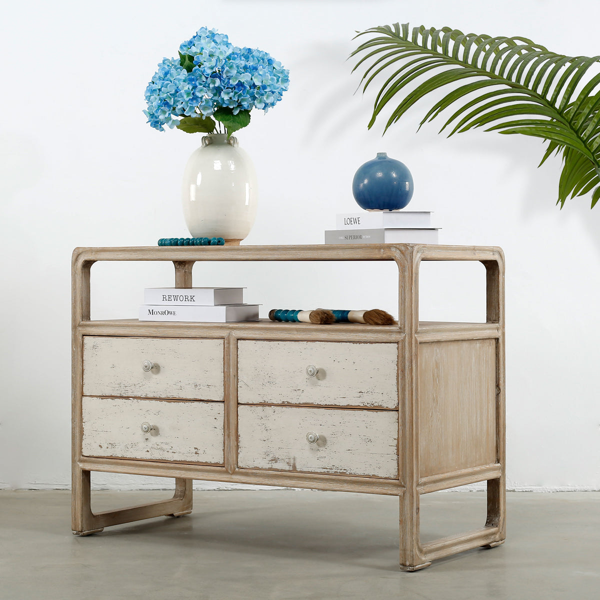 Ming two tones side table with 4 drawers antique off white 40x19x30