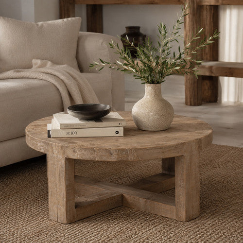Capri round coffee table crossed leg weathered natural 36x36x16H image 2