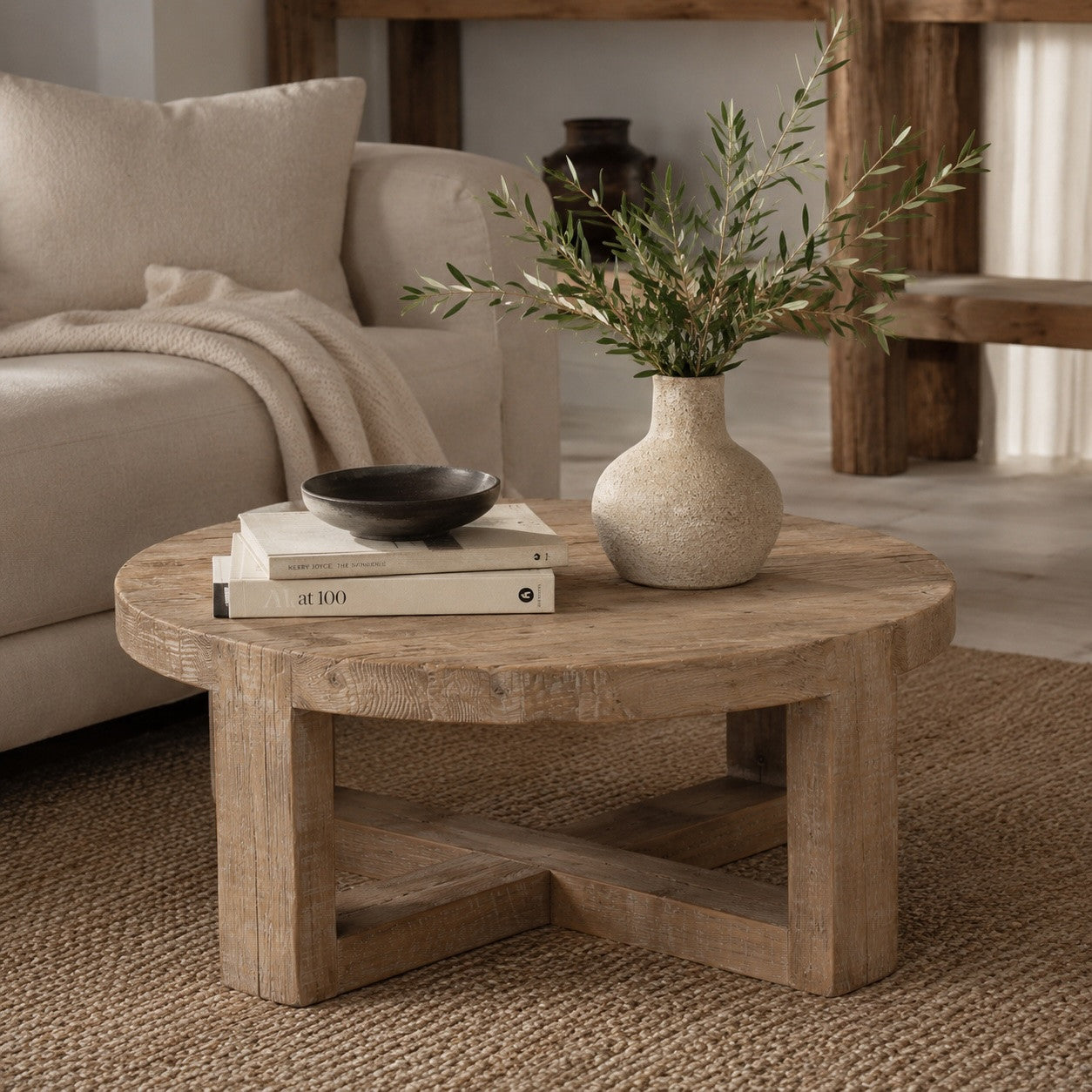 Capri round coffee table crossed leg weathered natural 36x36x16H