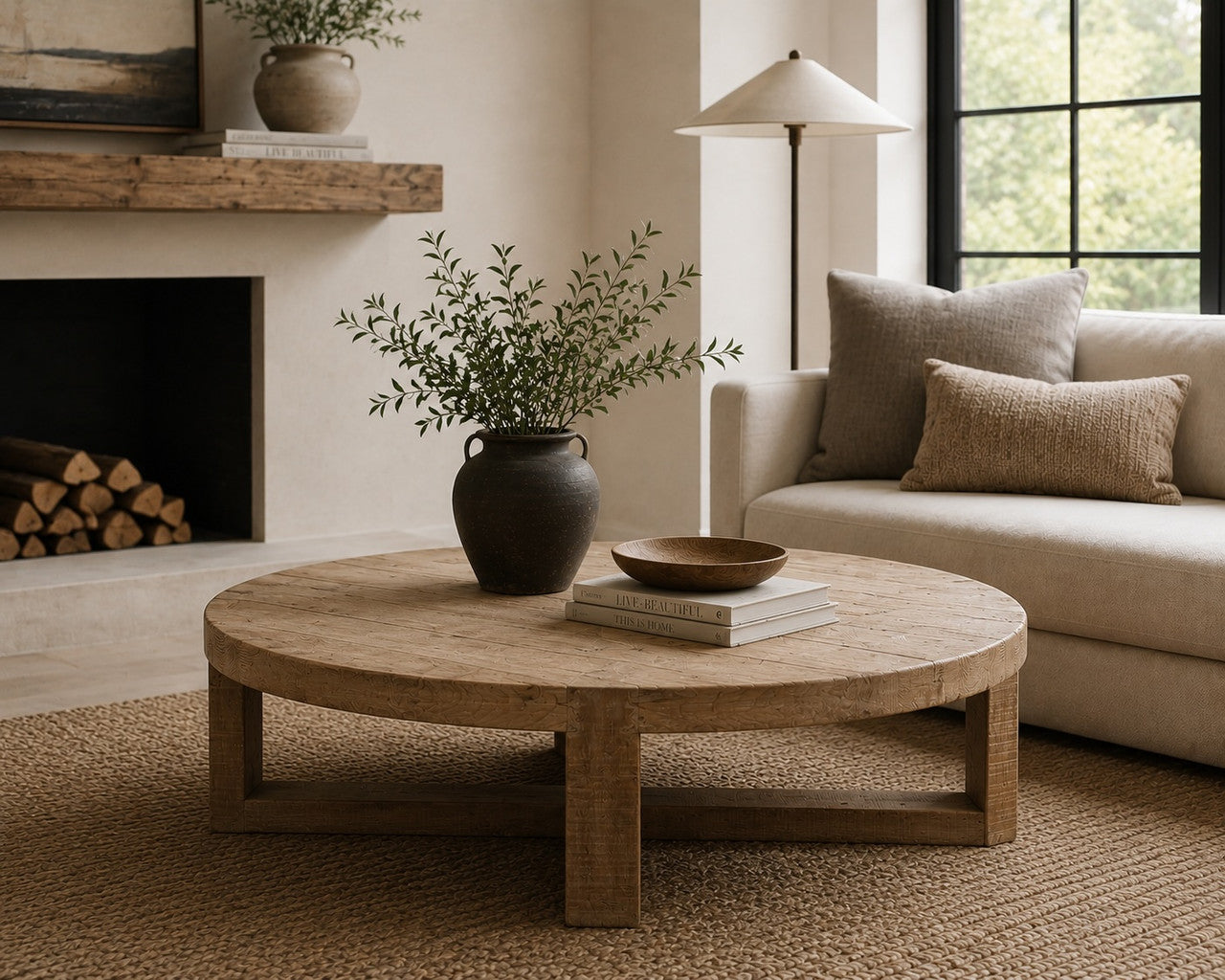 Capri round coffee table crossed leg weathered natural 50x50x16H