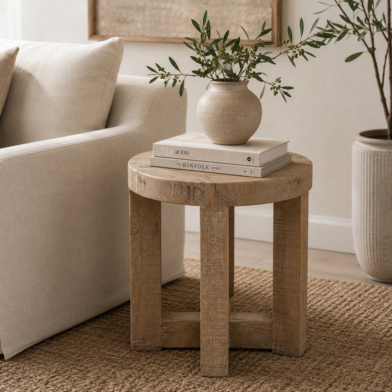 Capri Round Side Table Cross Leg Weathered Natural 20x20x22H