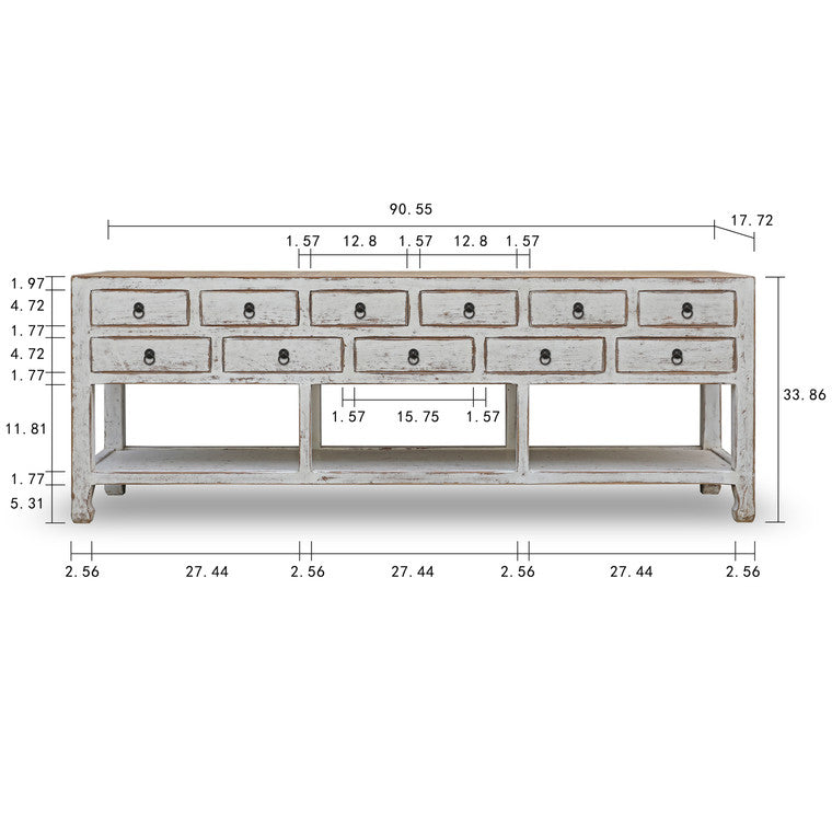 Amalfi Two Tones 11 Drawers Buffet Distressed White 91x18x34H ( Pre-order only) image 3