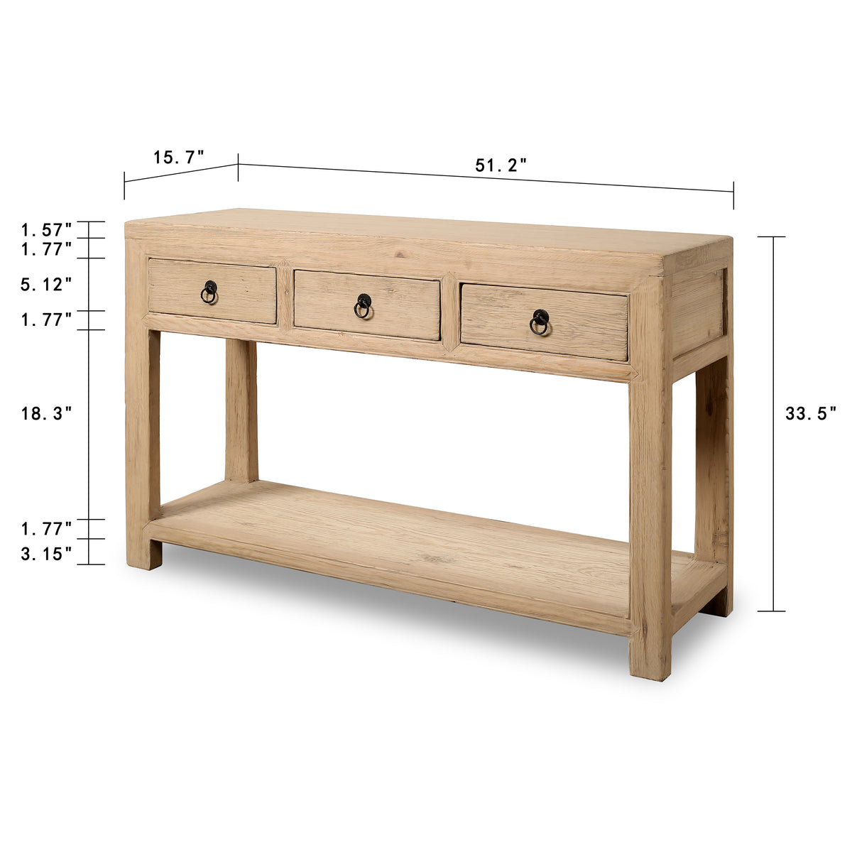51" Capri 3 drawers sideboard weathered natural pinewood solid top