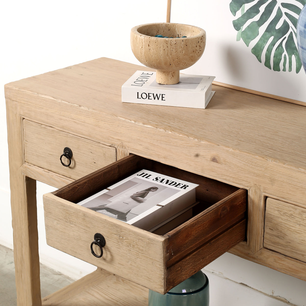 51" Capri 3 drawers sideboard weathered natural pinewood solid top