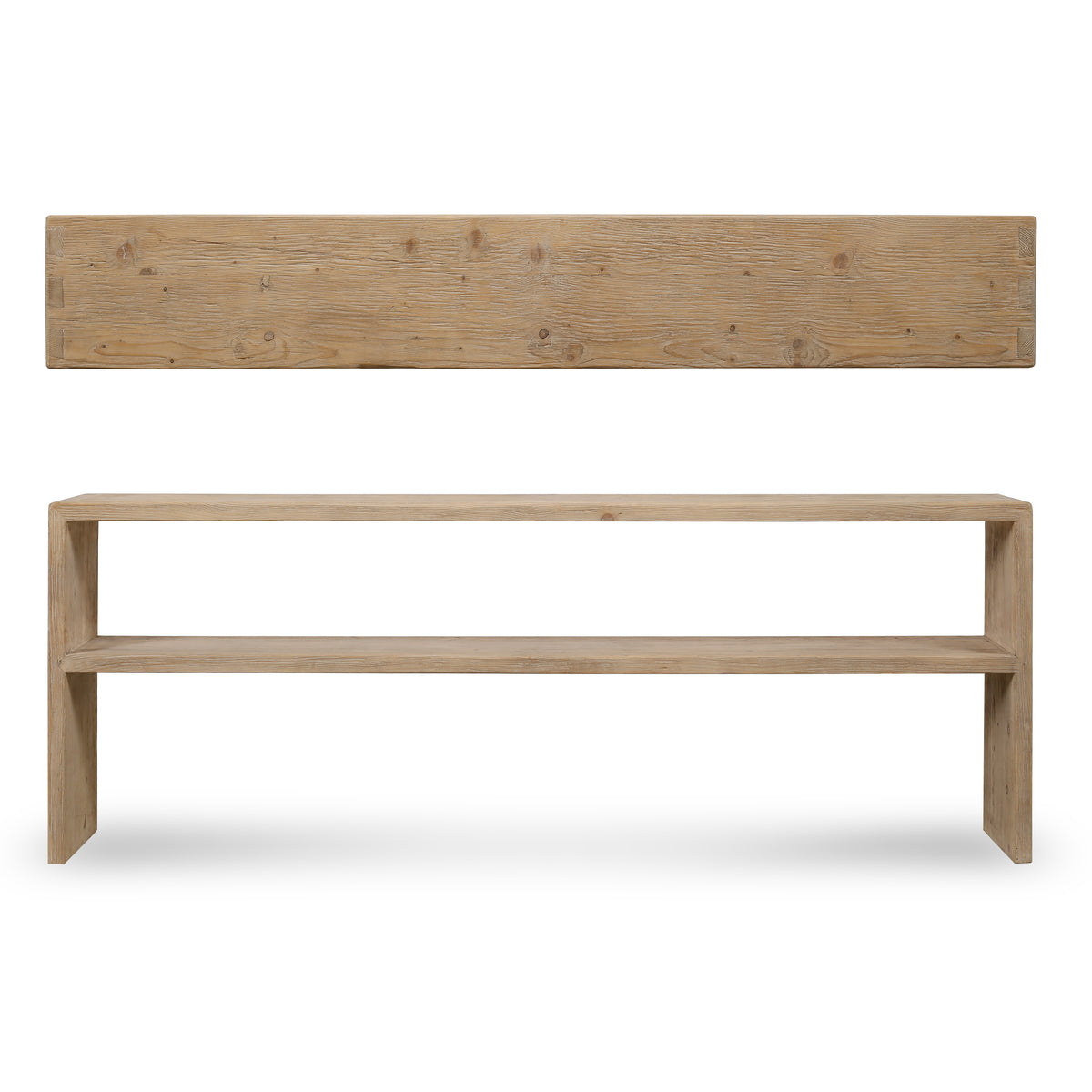 Waterfall console table with shelf weathered natural 88x14x35H